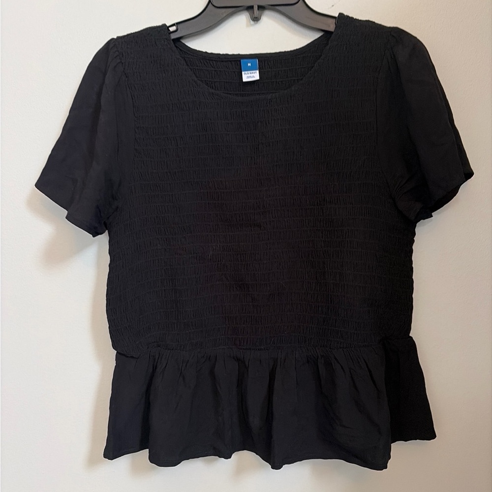 Old Navy Black Smocked Peplum Short Sleeve Top